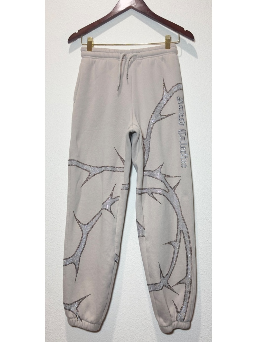 Named Collective Rhinestone Thorn Sweatpants Beige Fleece Joggers Y2K Streetwear